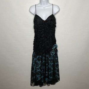 Vintage 80s Flirtations Ruched Black Blue Lace Overlay Prom Party Dress